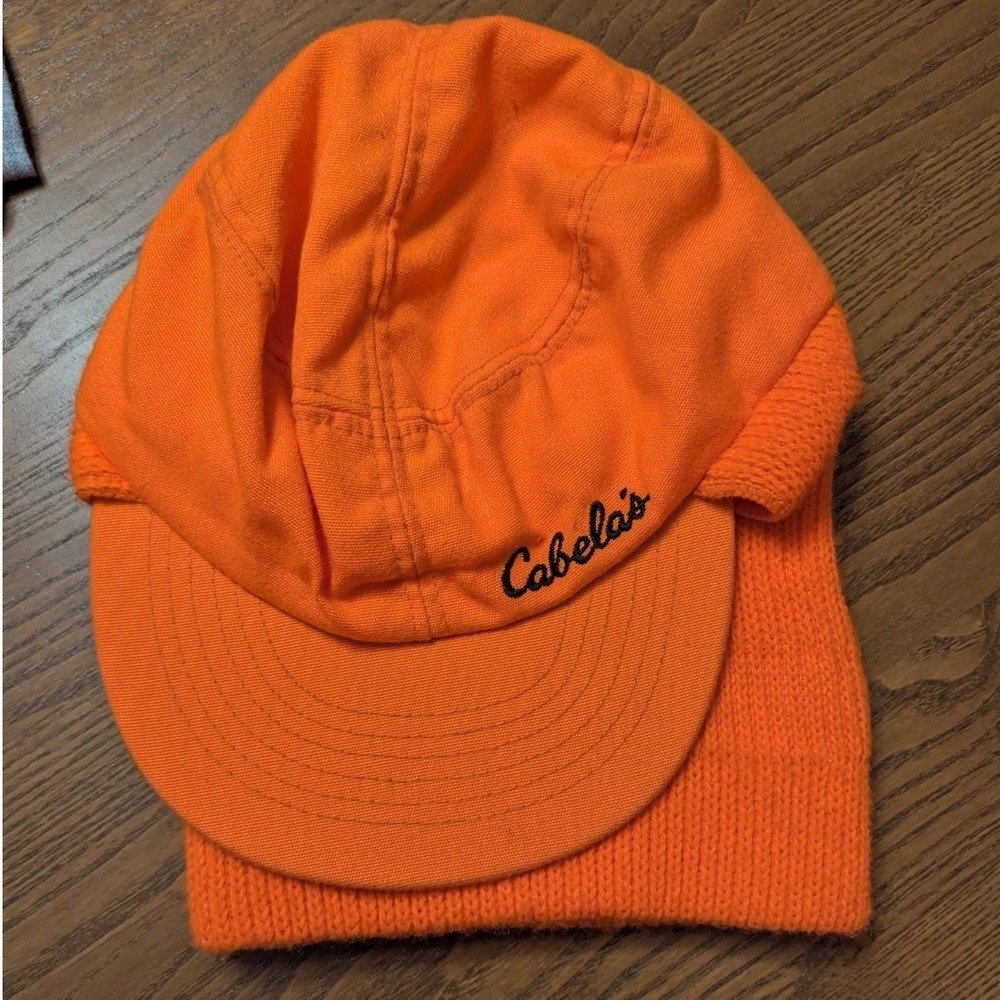 Vtg CABELAS Balaclava Hunting Trapper Hat Cap Knit Orange Size S Made In USA